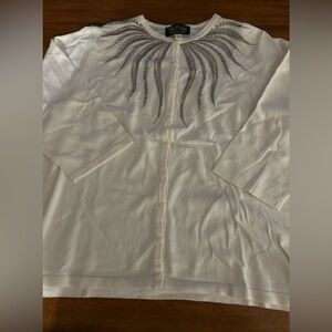 Elegant Bob Ma lie Wearable Art White Cardigan with Silver Embellishments